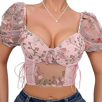 Segreto Women Butterfly Crop Top Floral Embroidered Puff